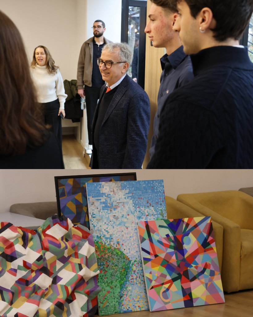 American Academy of Technology Rector Dr. Orion Zavalani surrounded by RIT Kosovo students. Below, donated artwork by RIT Kosovo.
