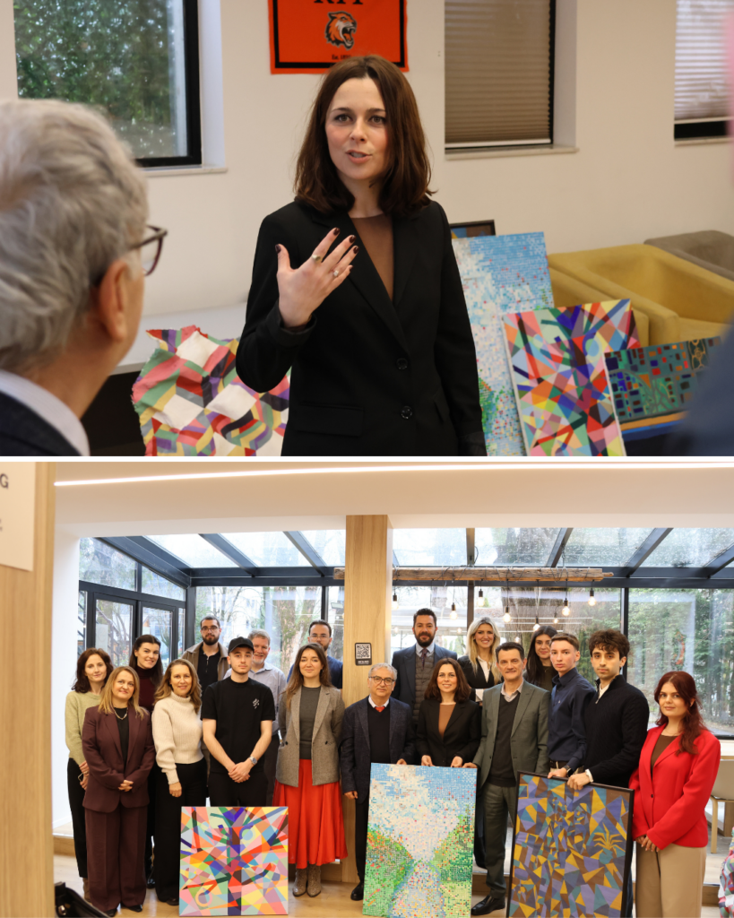RIT Kosovo President Dr. Albina Balidemaj speaking with Dr. Orion Zavalani, American Academy of Technology's rector. Below, a group photo of both of them surrounded by RIT Kosovo students.
