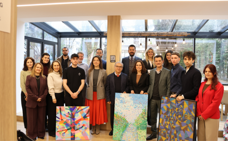 RIT Kosovo President Dr. Albina Balidemaj speaking with Dr. Orion Zavalani, American Academy of Technology's rector. Below, a group photo of both of them surrounded by RIT Kosovo students.