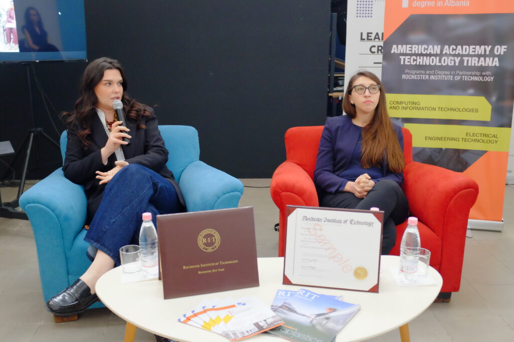 Donjeta Sahatçiu speaking in American Academy of Technology Girls In AI event.