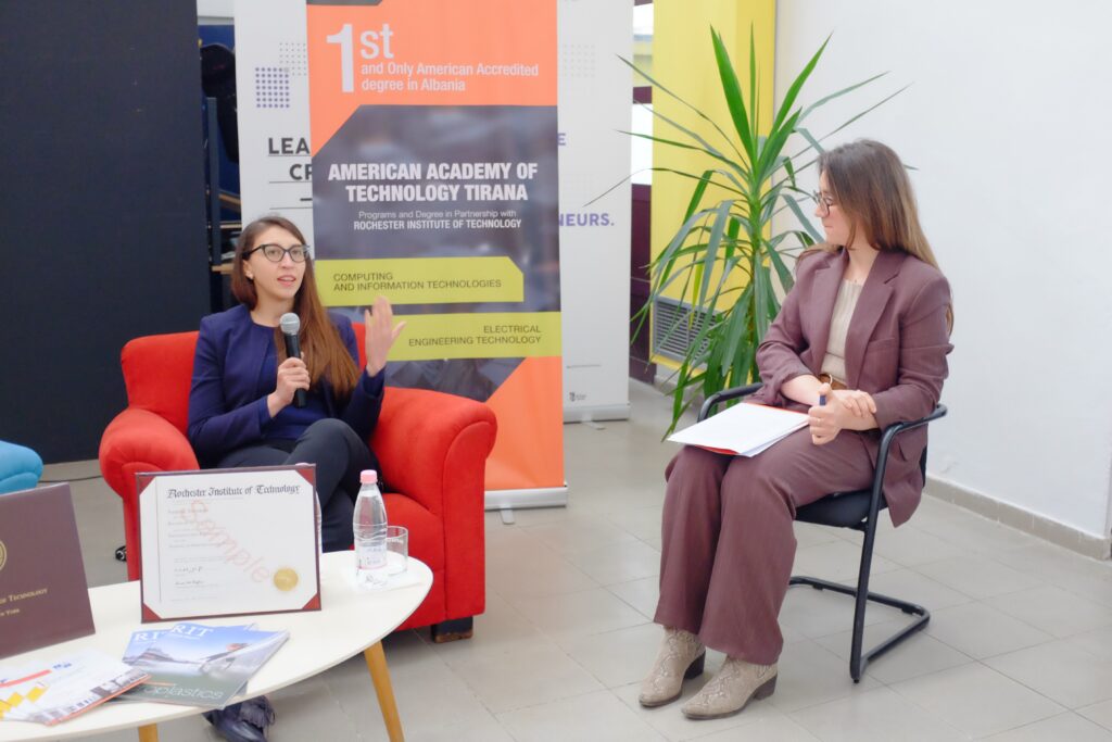 Besarta Hoxha speaking in American Academy of Technology Girls In AI event.