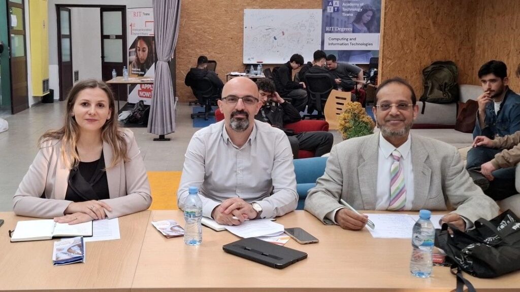Hackathon juries Dr. Maaruf Ali (AATT), Gjorgjia Xhaja (Harry Fultz), and Dr. Elton Domnori (UMT). 